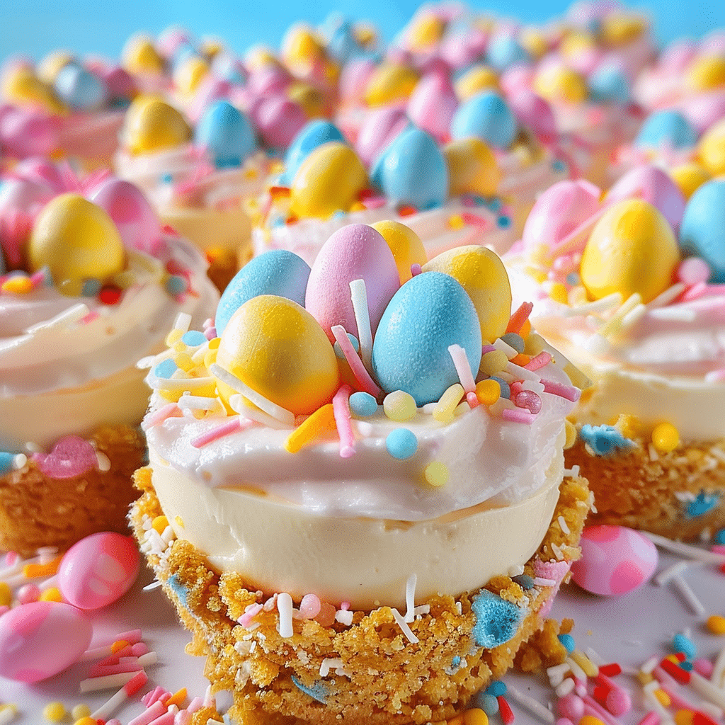 PHILADELPHIA Easter Mini Cheesecakes presented on white cake stand with spring decorations