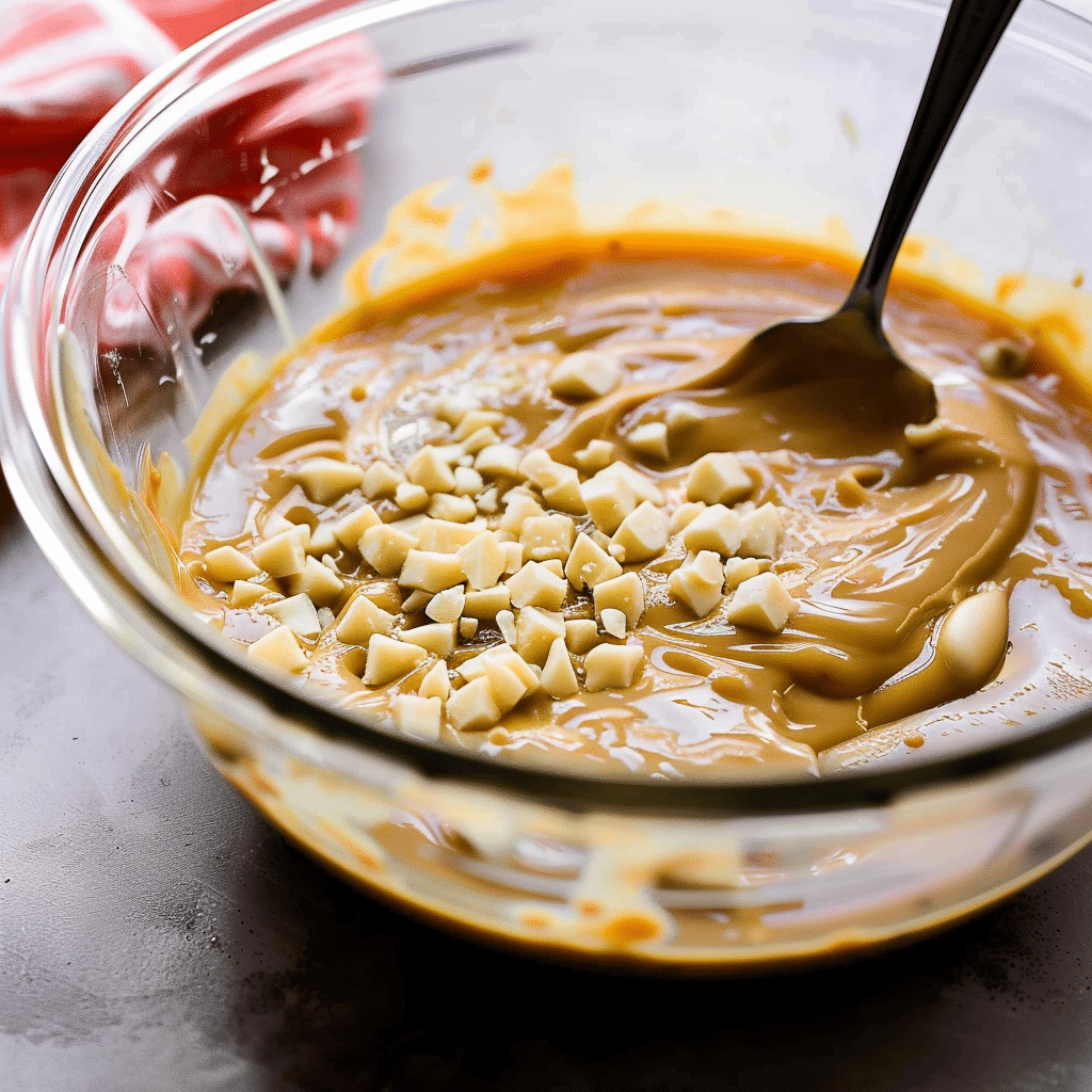 Mini Egg Blondies 15 Mixing blondie batter with a spoon in a glass bowl