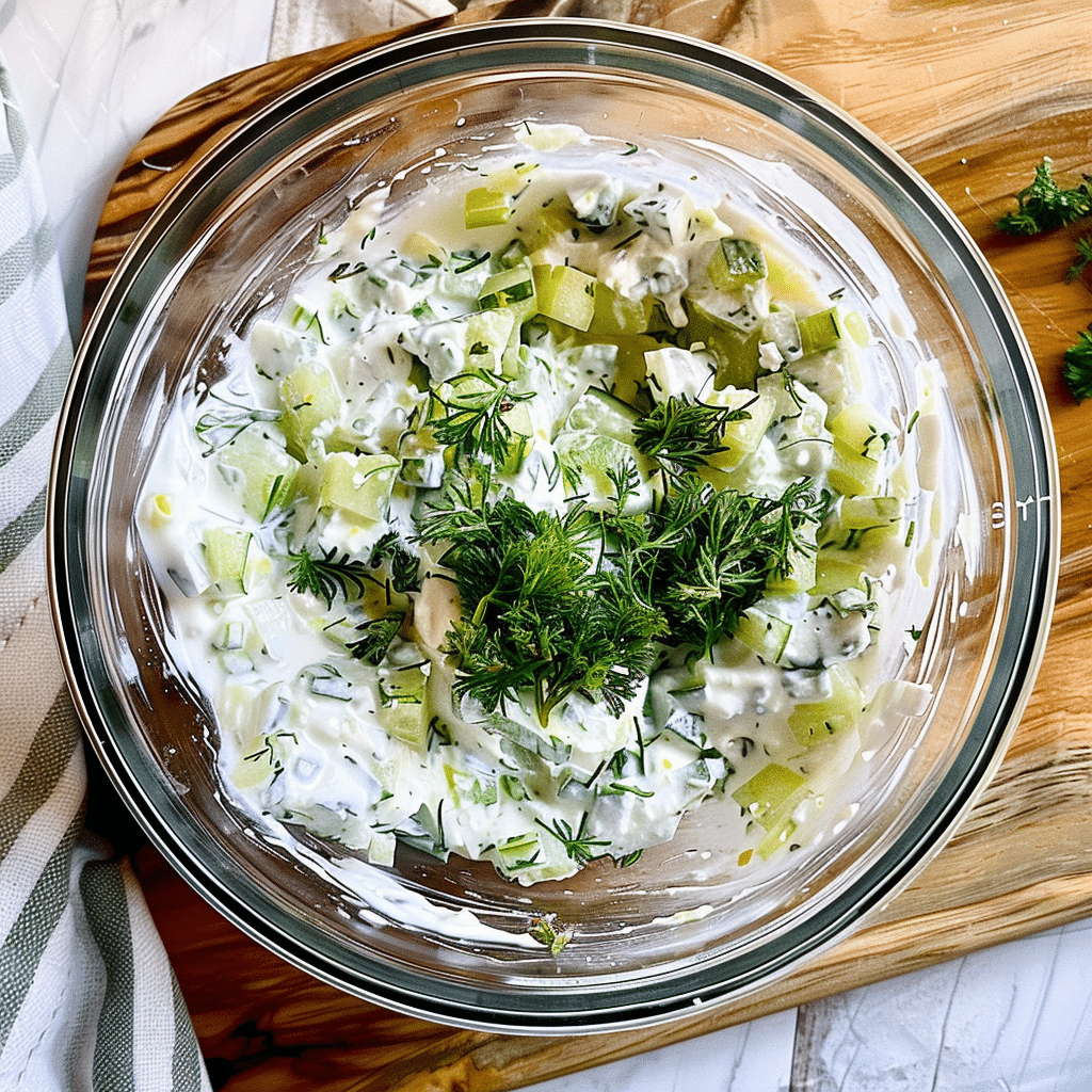 Mixing bowl with homemade tzatziki sauce topped with fresh dill and diced cucumber