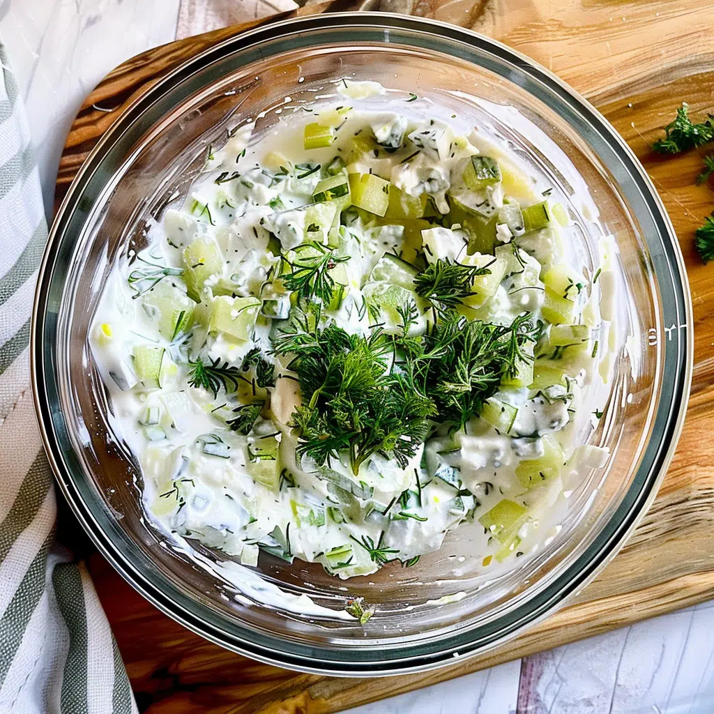 Greek meatball bowl Recipe 17 Mixing bowl with homemade tzatziki sauce topped with fresh dill and diced cucumber