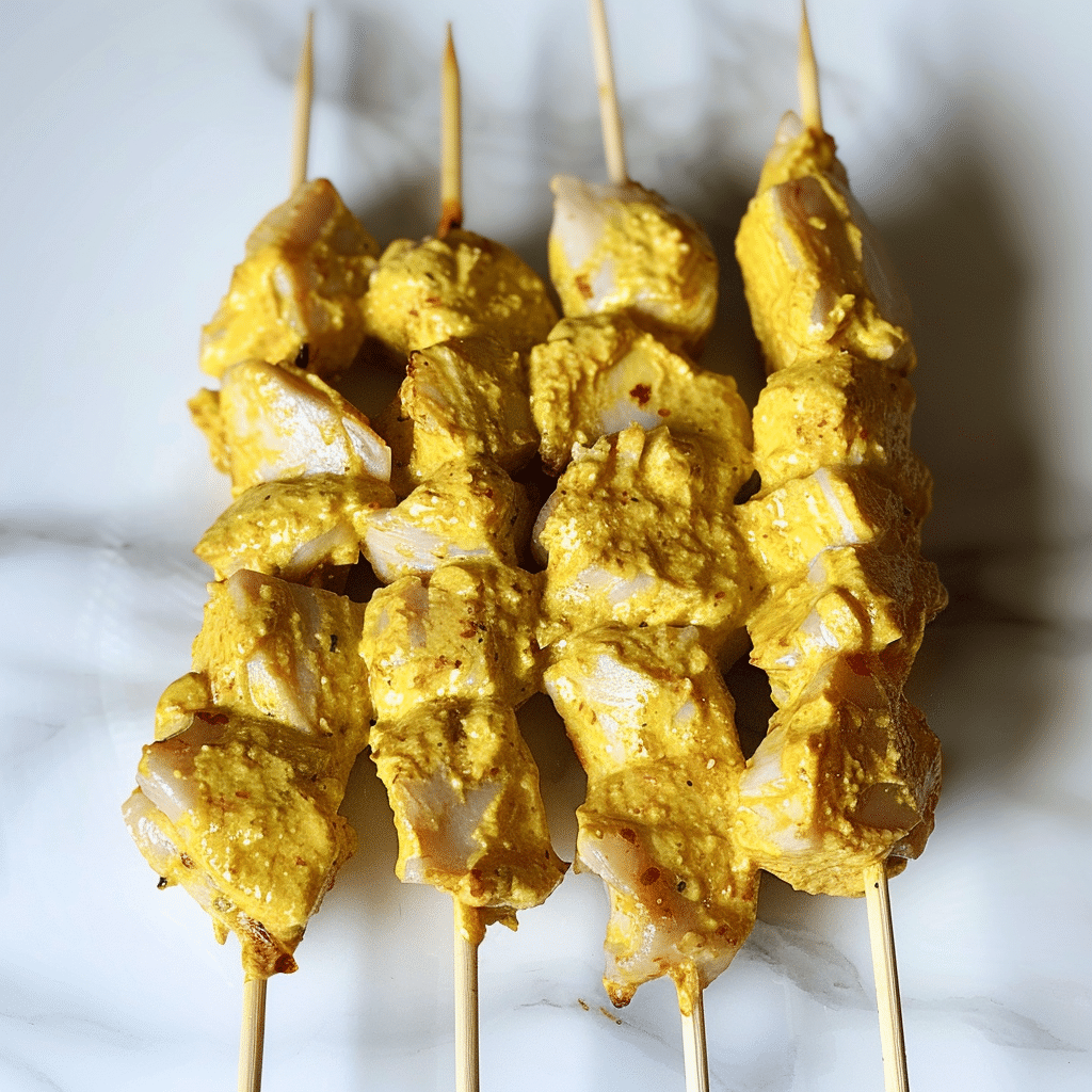 Raw chicken skewers marinated and arranged on sticks, ready for grilling