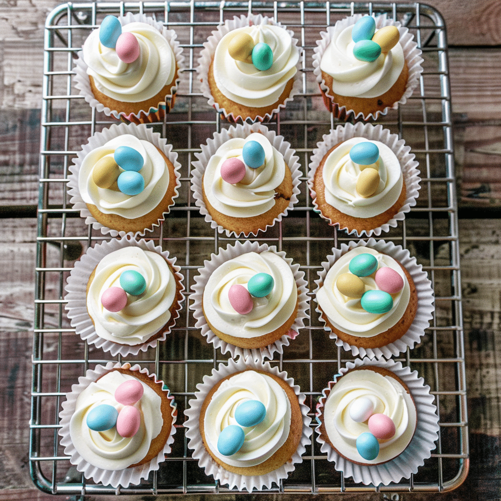 Cupcakes cooling on a wire rack, each frosted and topped with mini eggs