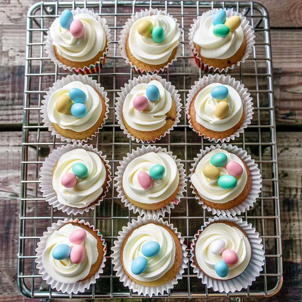Easter Cupcakes With Mini Eggs 13 Cupcakes cooling on a wire rack, each frosted and topped with mini eggs