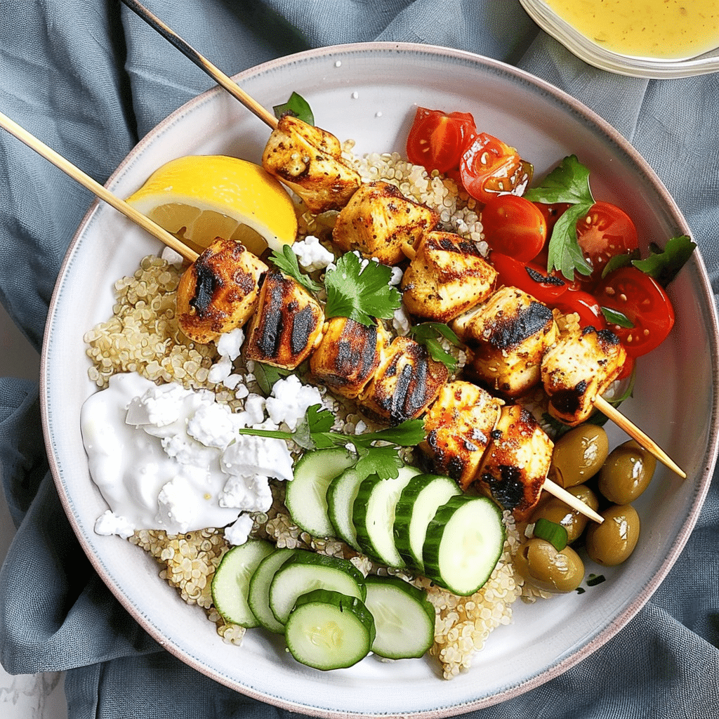 Chicken tzatziki bowl served with cucumber, tomatoes, olives, and lemon on a blue napkin
