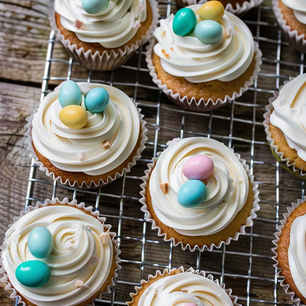Easter Cupcakes With Mini Eggs 15 Close-up of frosted Easter cupcakes with mini eggs on a wire rack
