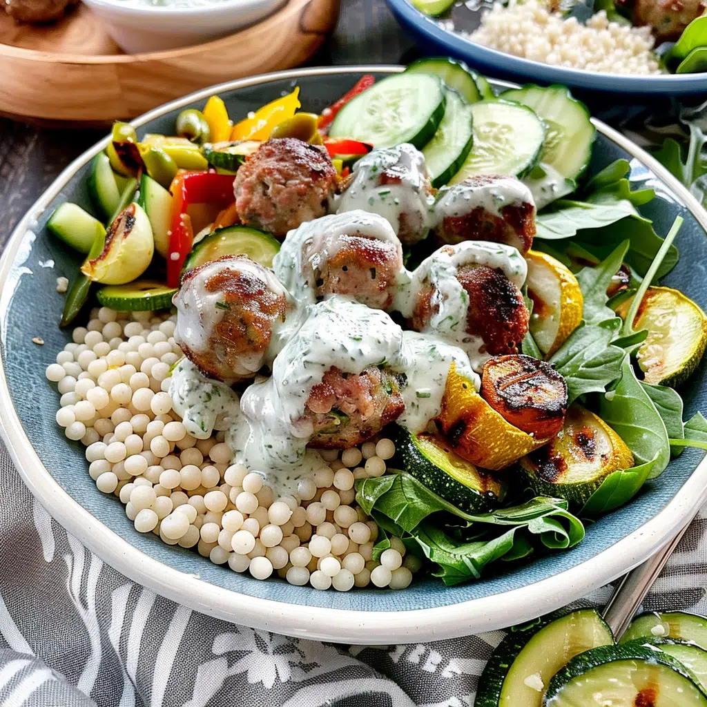 Greek meatball bowl Recipe 21 Greek meatball bowl topped with tzatziki, grilled vegetables, and couscous