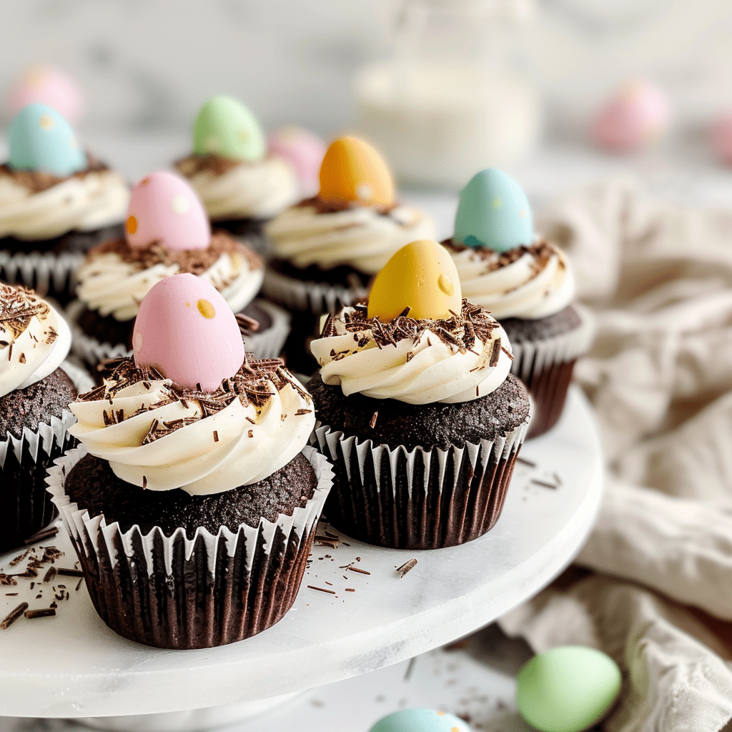 Close-up of mini egg cupcakes being served from a cake stand