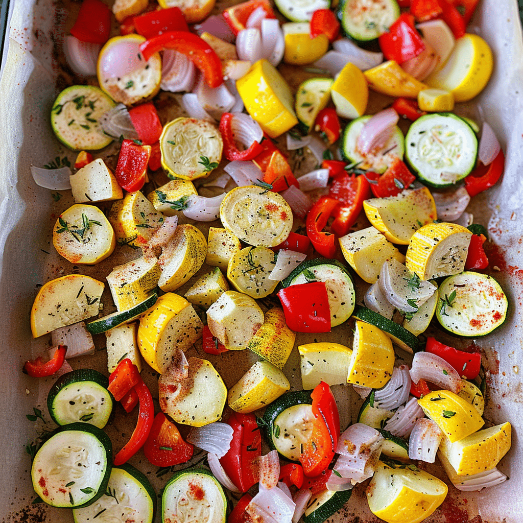 Chopped summer vegetables including zucchini, squash, onion, and peppers on a baking sheet