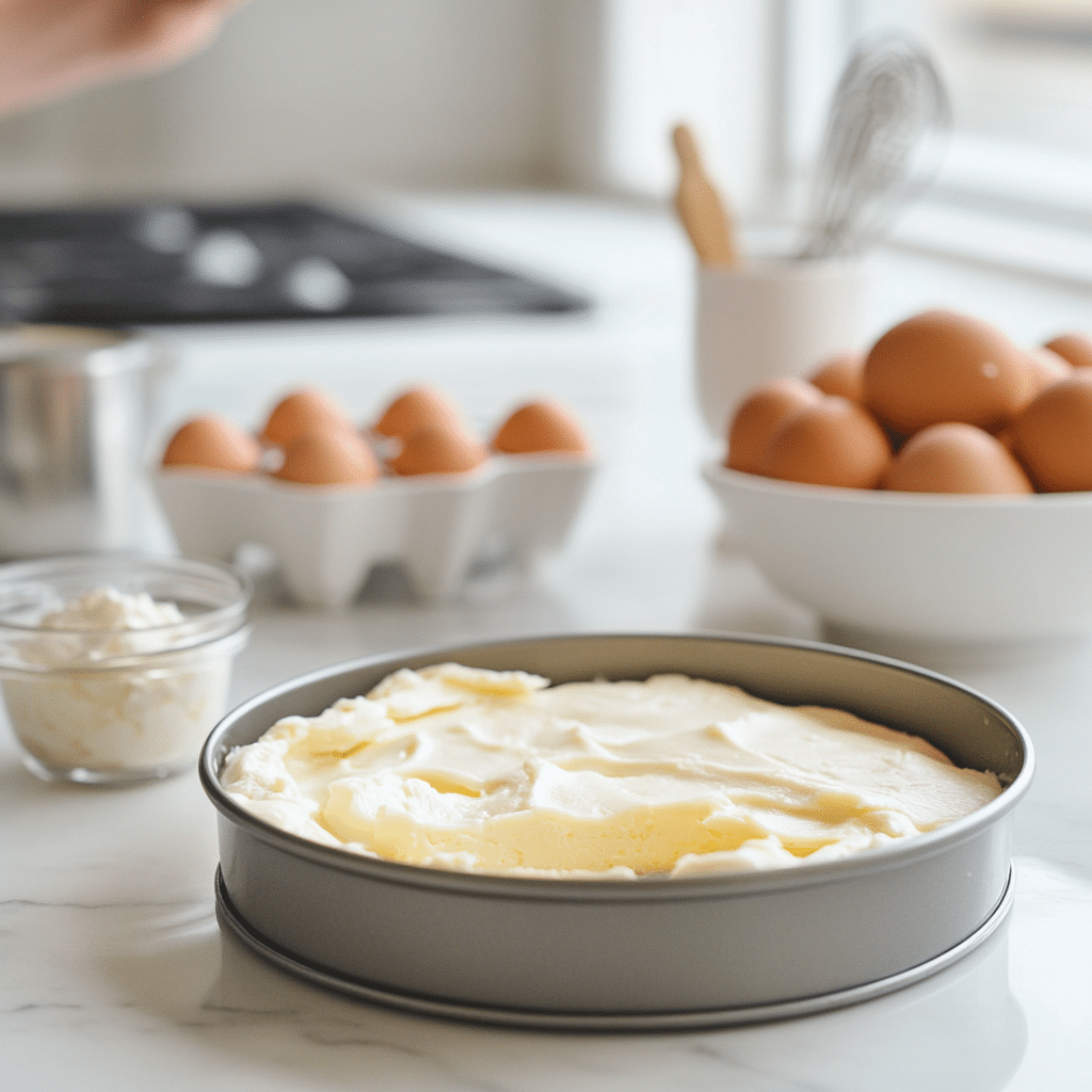 mini egg cheesecake biscuit base pressed in pan for no bake recipe