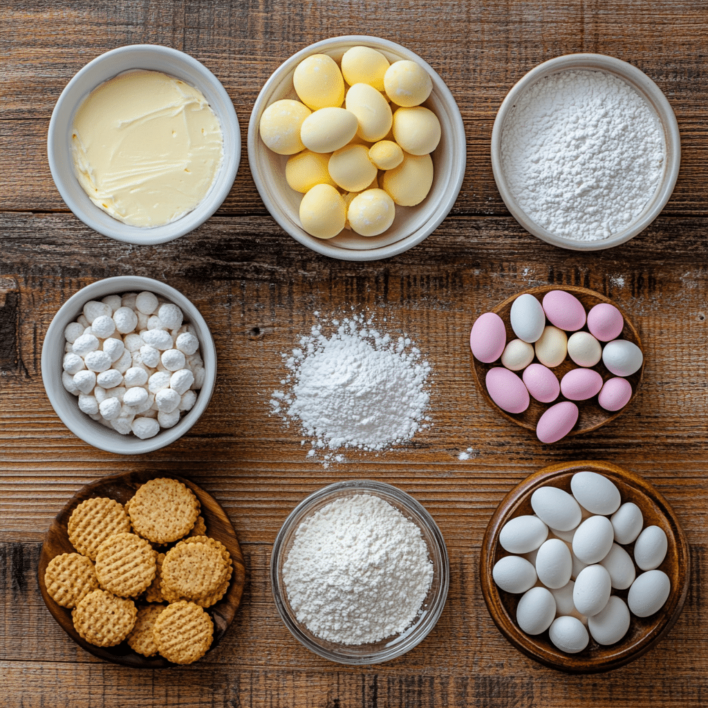 mini egg cheesecake ingredients displayed on wooden table