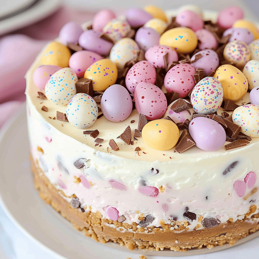 mini egg cheesecake with Cadbury mini eggs on cake stand for spring