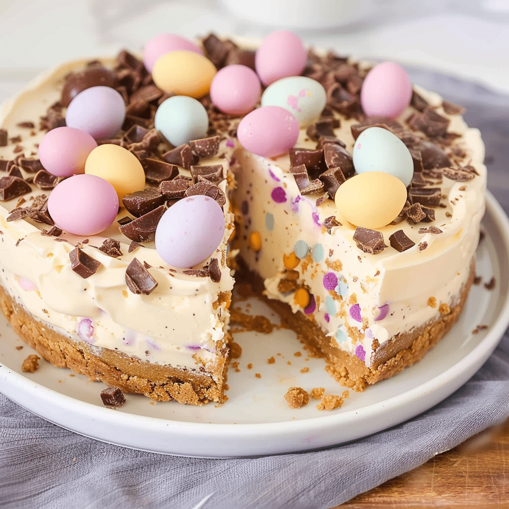 mini egg cheesecake slice with Cadbury mini eggs and whipped cream