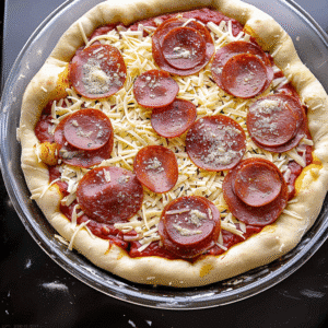 Unbaked pepperoni pizza with stuffed crust ready for oven