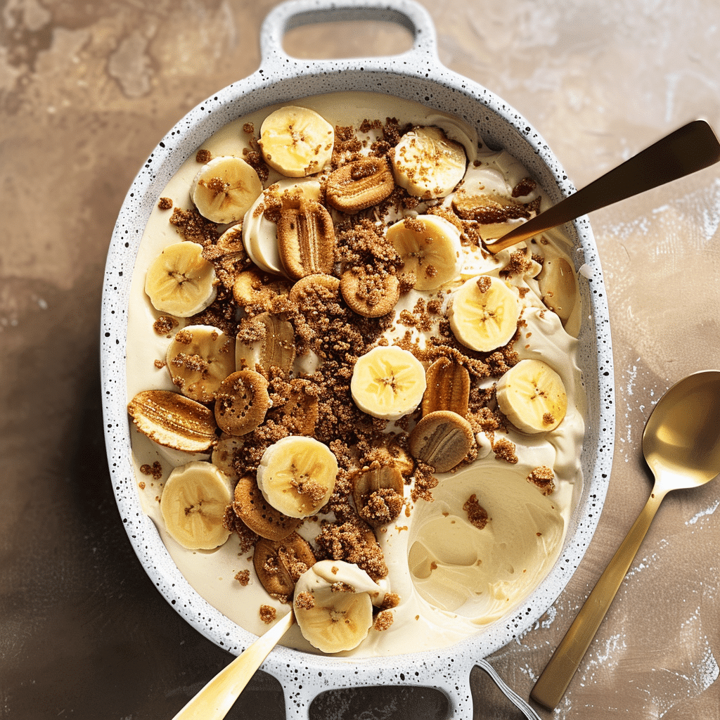 Biscoff Banana Pudding being layered with bananas and cookies