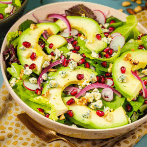 Avocado Pear Recipes with pomegranate and onions in a white bowl