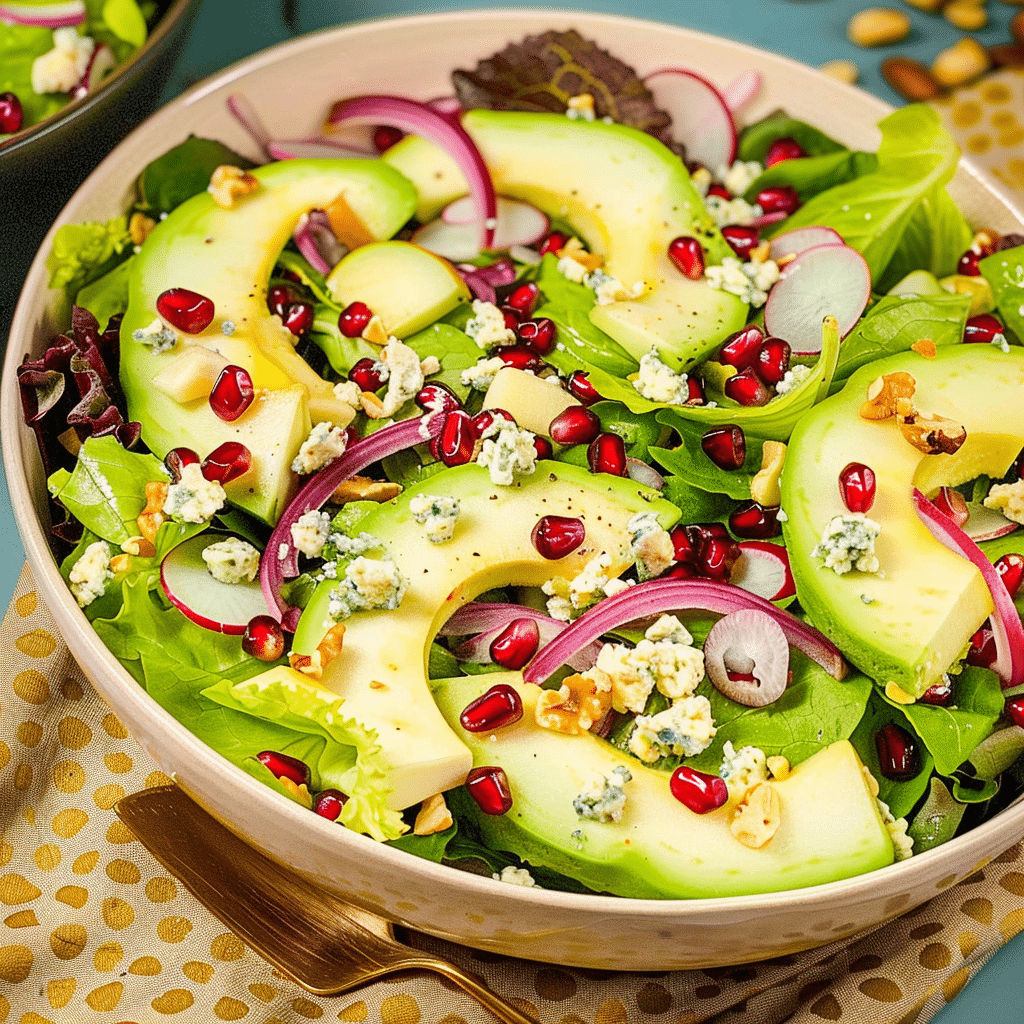 Avocado Pear Recipes with pomegranate and onions in a white bowl
