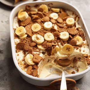 Spoonful of Biscoff Banana Pudding scooped from baking dish