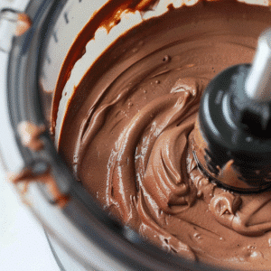 Smooth chocolate mousse mixture blending in a food processor