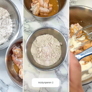 Chicken pieces marinating in buttermilk for Crunchy Chicken Burger Recipe