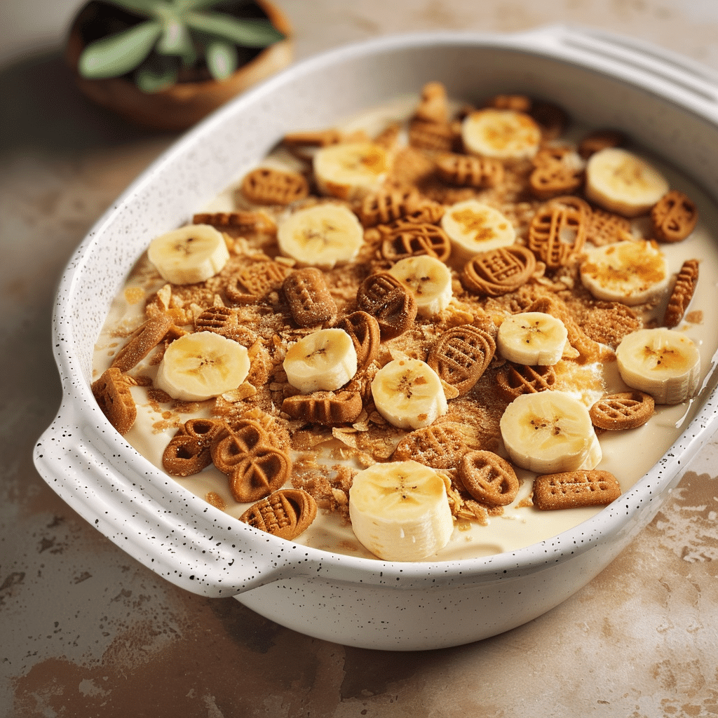 hilled Biscoff Banana Pudding topped with cookie crumbles and banana slices