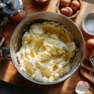 Thick muffin batter in a metal mixing bowl