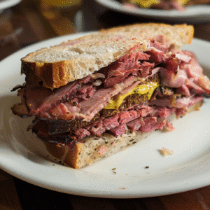 Side view of Montreal smoked meat sandwich with mustard and pickles