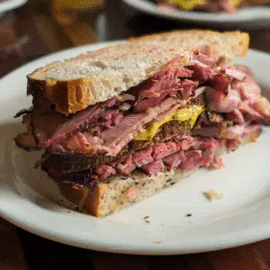 Side view of Montreal smoked meat sandwich with mustard and pickles