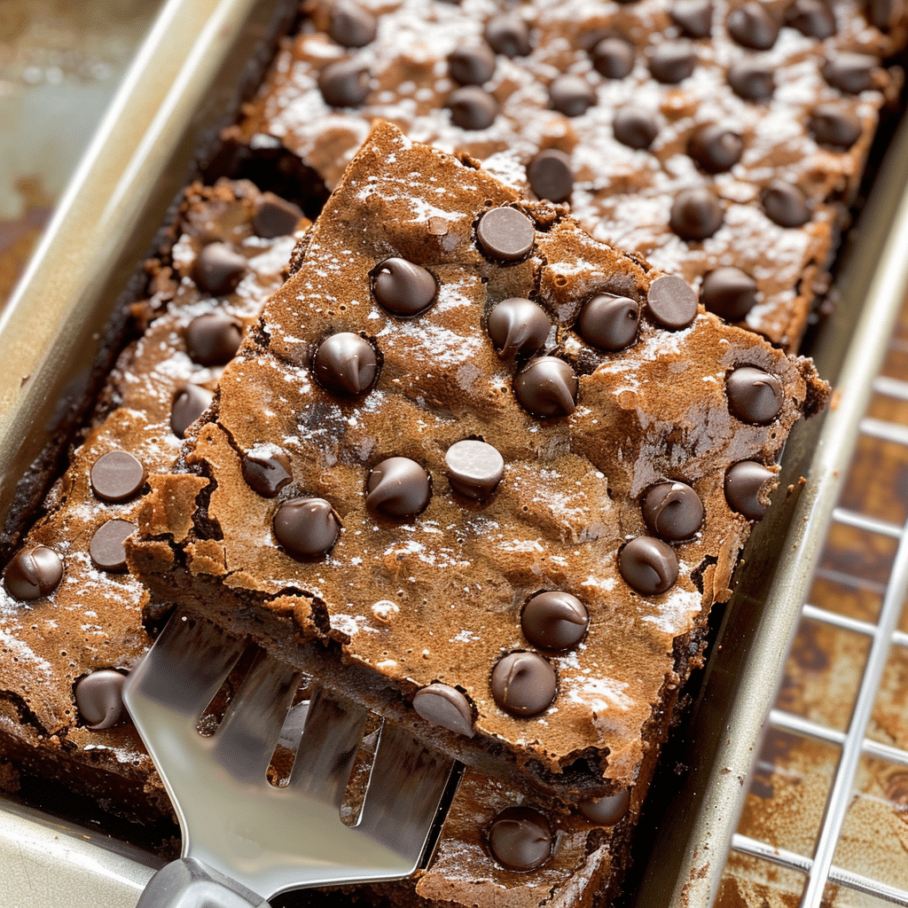 Freshly baked protein brownies with chocolate chips cooling in pan