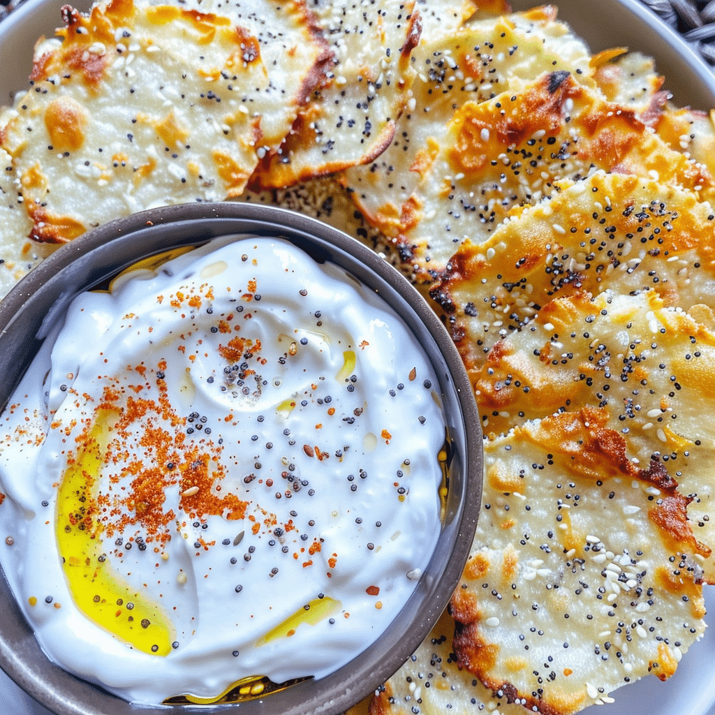 Cottage Cheese Chips: Easy, Crispy Snack You’ll Love 14 Close-up of seasoned cottage cheese chips and creamy yogurt dip