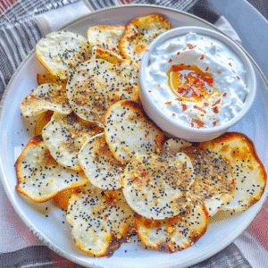 Plate of cottage cheese chips with a small bowl of dip
