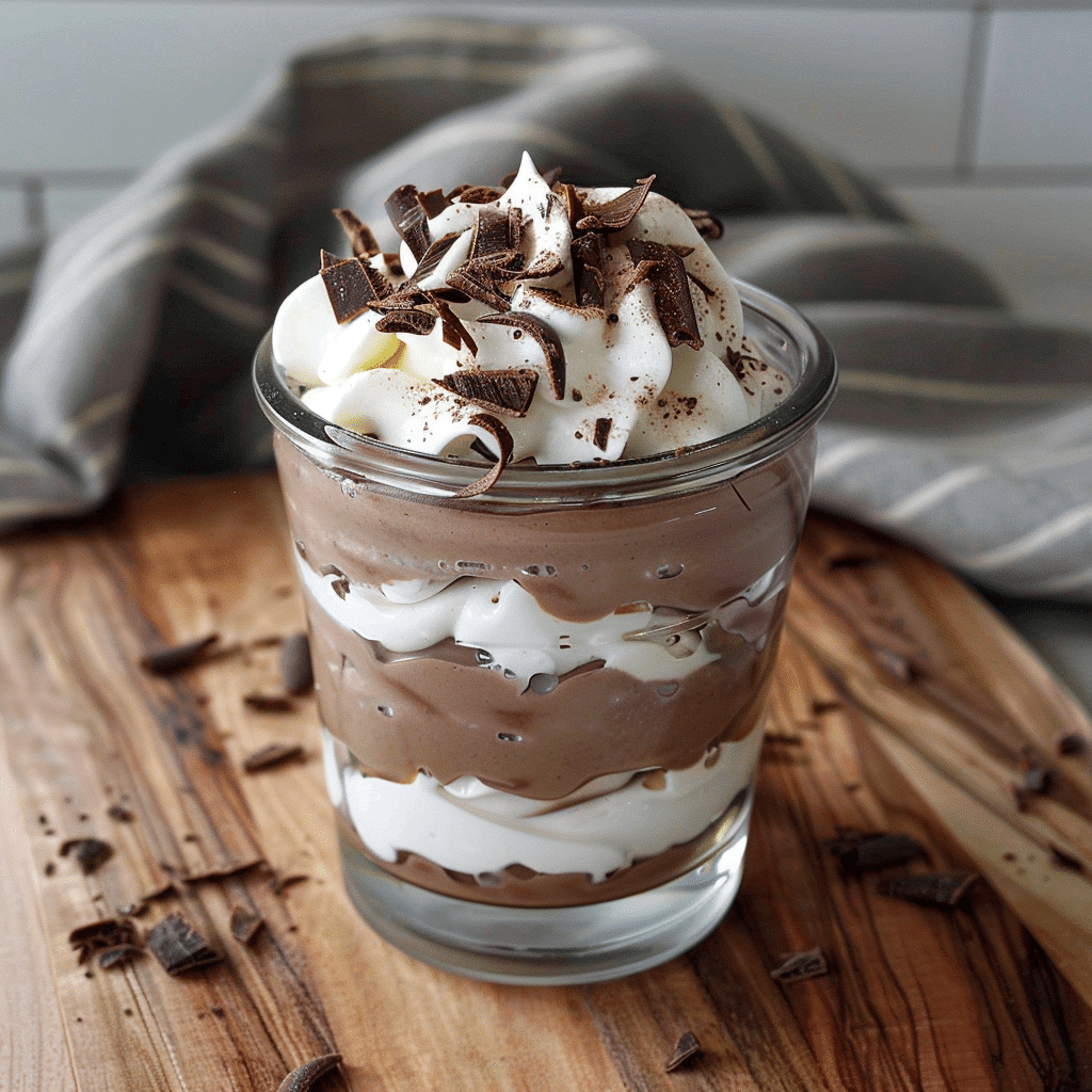 Cottage cheese chocolate mousse in a glass topped with whipped cream and chocolate shavings