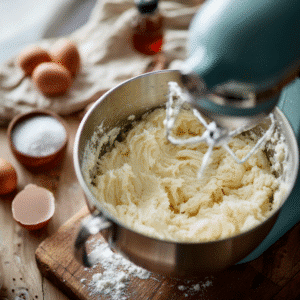 Stand mixer creaming butter and sugar with eggs nearby