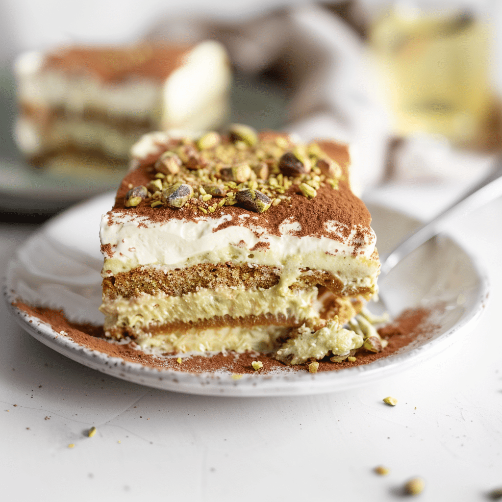 Pistachio Tiramisu You’ll Ever Make 13 Close-up of a slice of pistachio tiramisu showing creamy and nutty layers