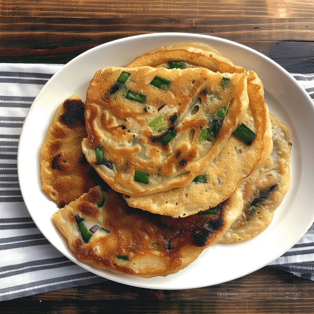Stack of golden recipe green onion cakes on a white plate
