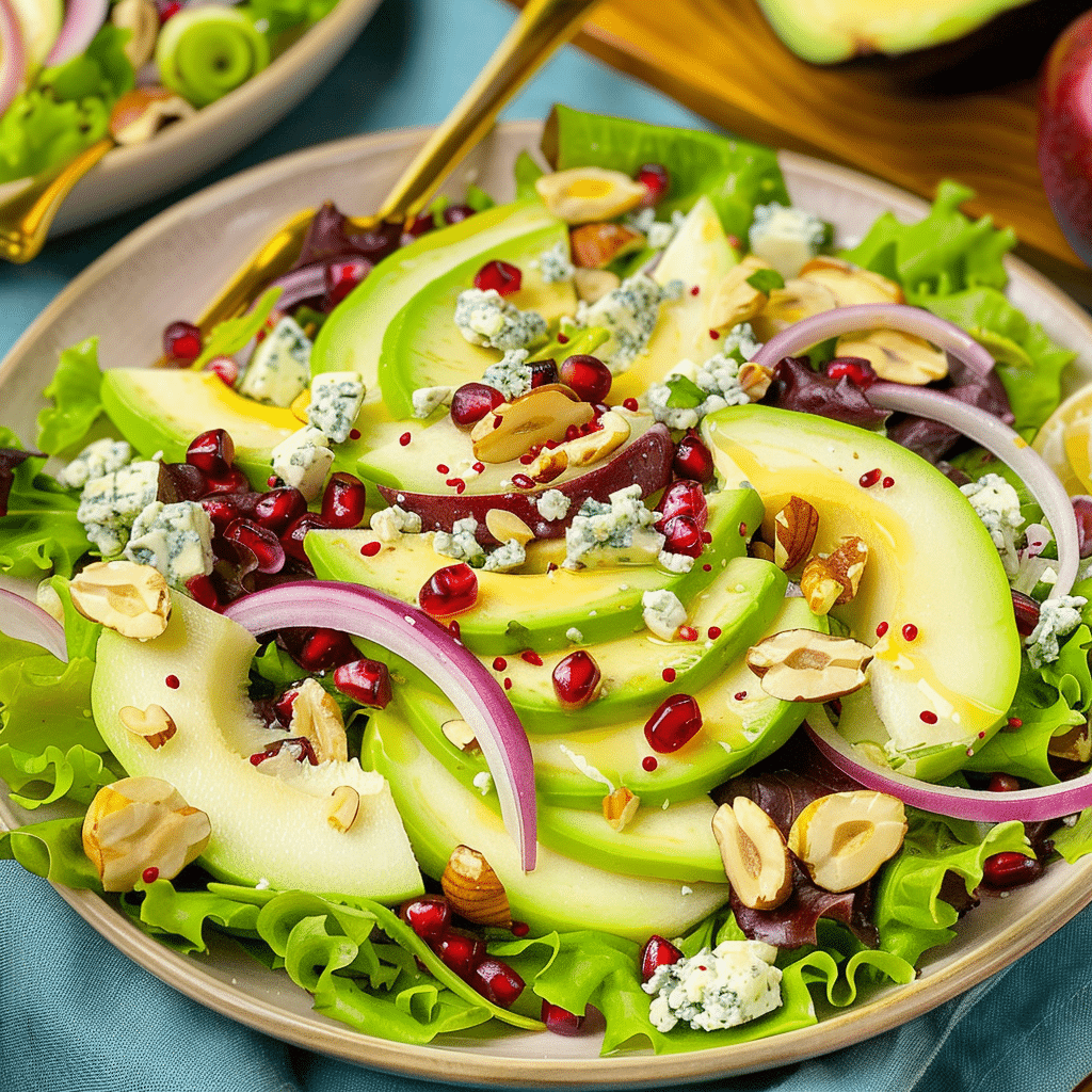 Avocado Pear Recipes You’ll Love Forever 18 Finished avocado pear salad with hazelnuts and pomegranate