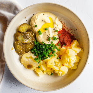 Mashed potato filling with mayo, pickles, chives, and spices in a bowl