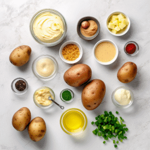 Ingredients for deviled potatoes including baby potatoes, mustard, mayo, pickles, and spices