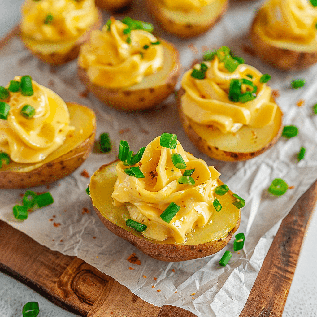 Deviled Potatoes Made Easy: 5 Irresistible Bites of Creamy Flavor 15 Close-up of deviled potatoes with piped filling and chopped chives