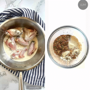 Chicken dredged in seasoned flour for frying
