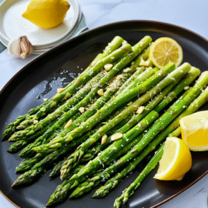 Close-up of pan-fried asparagus garnished with garlic and herbs