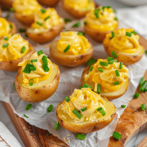 Deviled potatoes topped with chives and served on parchment