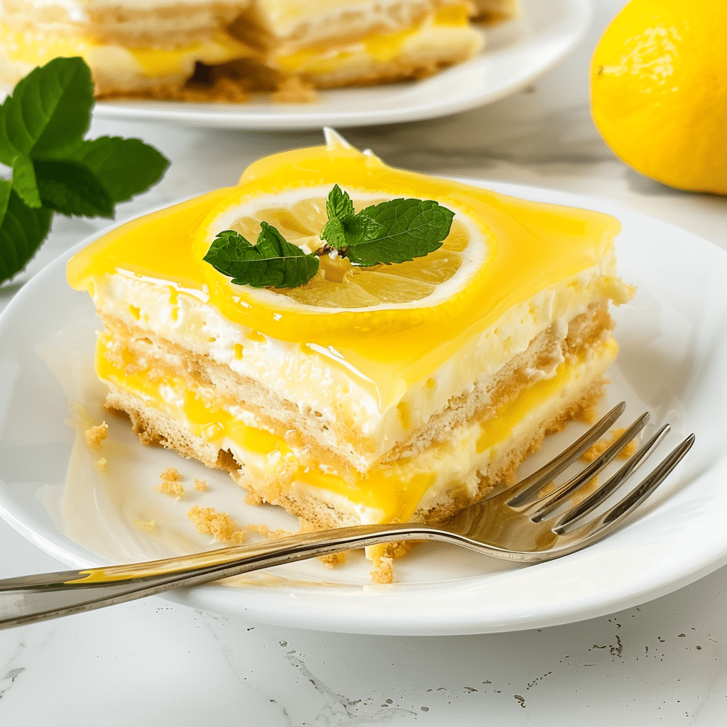 Lemon Tiramisu You’ll Make Again and Again 14 Finished lemon tiramisu slice on a plate with mint and lemon garnish