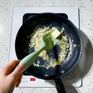 Garlic sautéing in olive oil in nonstick pan