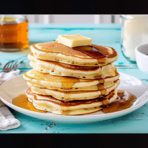 Stack of fluffy flapjacks with syrup and butter pat