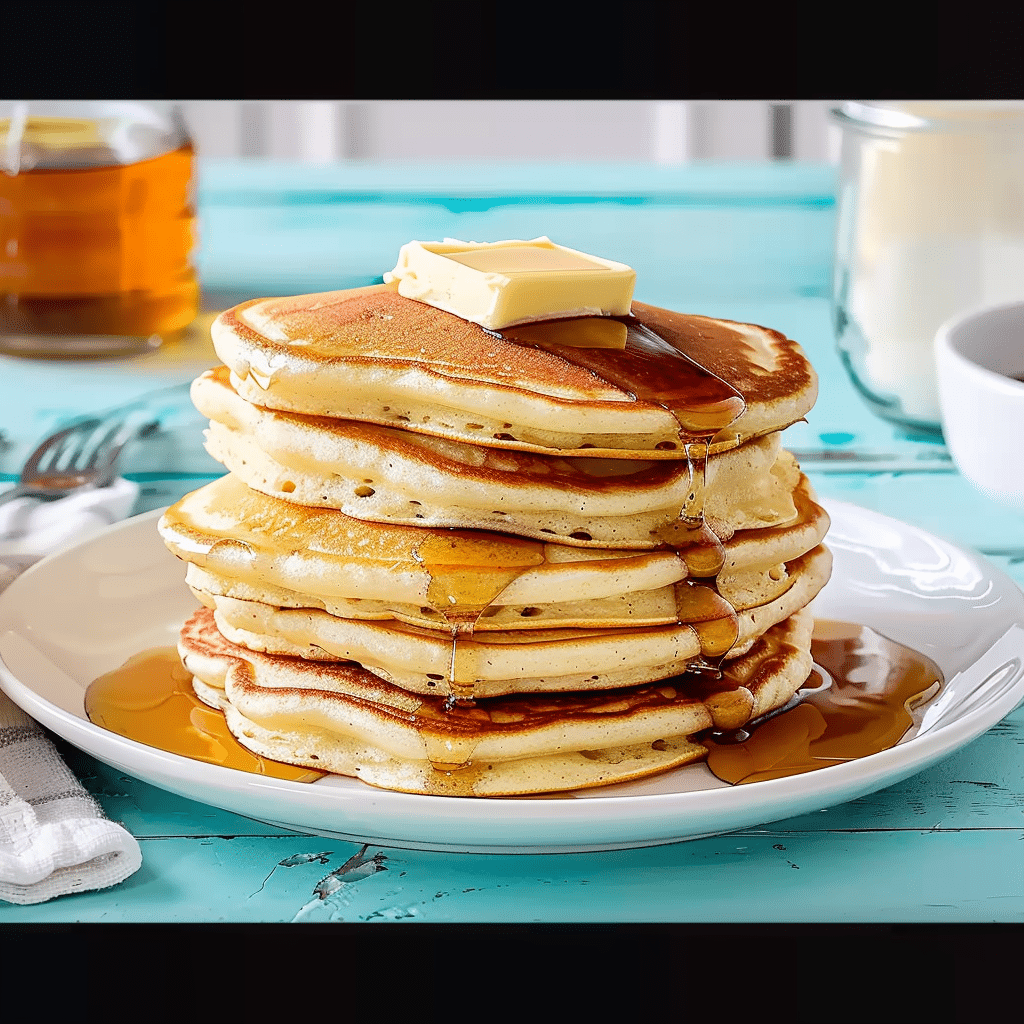 Stack of fluffy flapjacks with syrup and butter pat