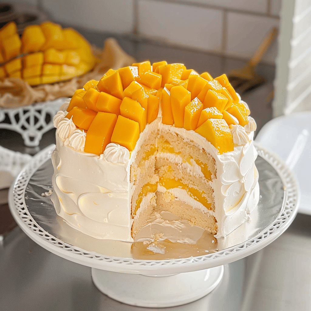 Whole Cake Recipes with Mango You’ll Crave All Year topped with fresh mango cubes and whipped cream