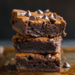 Stack of chocolate protein brownie recipe showing fudgy inside