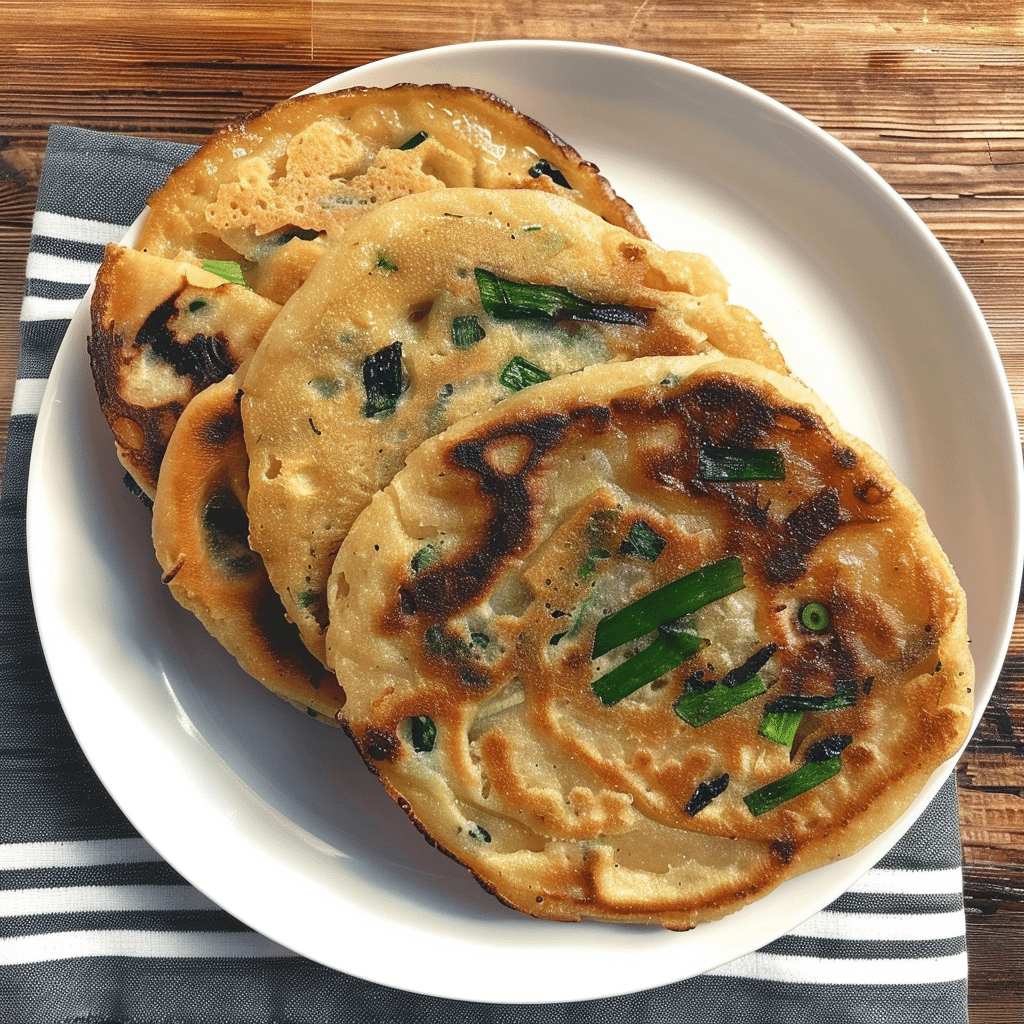 Recipe Green Onion Cakes Made Easy 17 Overhead view of scallion pancakes stacked on plate