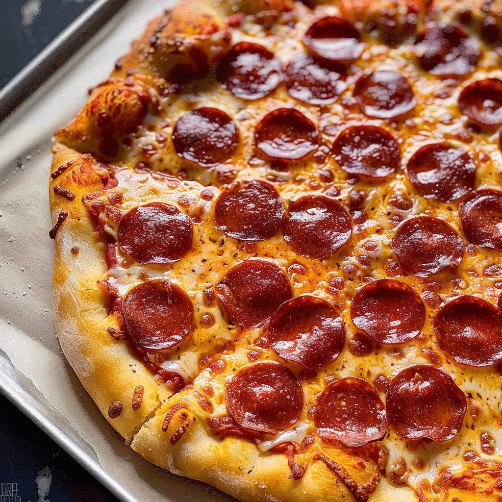 Baked stuffed crust pepperoni pizza on parchment paper