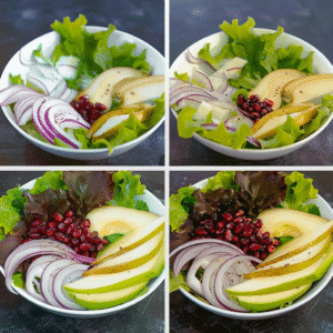 Step-by-step photo collage of avocado pear salad preparation